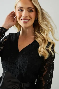 Petite Long Sleeve Satin Belt Lace Midi Dress
