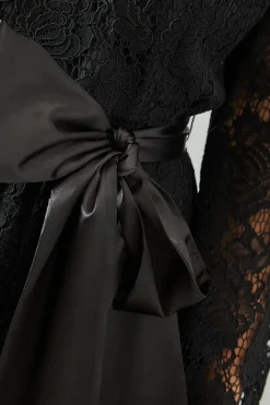 Petite Long Sleeve Satin Belt Lace Midi Dress