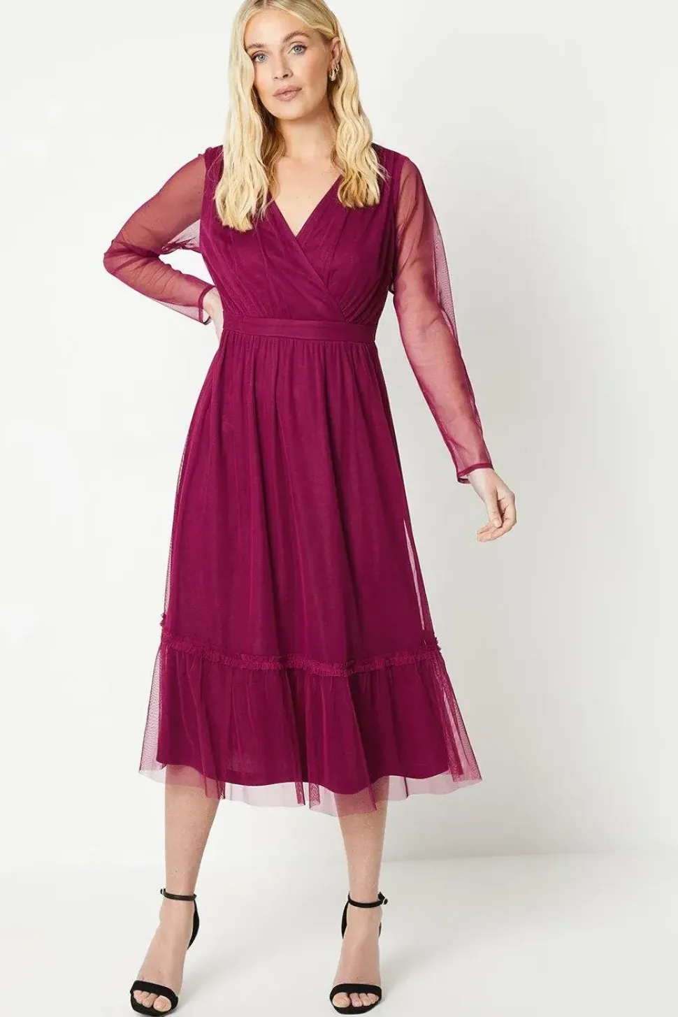 Petite Mesh Ruffle Midi Dress