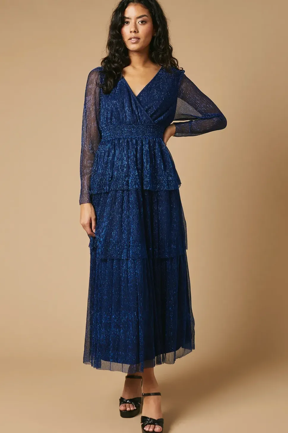 Petite Metallic Plisse Shirred Waist Tiered Maxi Dress
