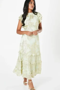 Petite Metallic Ruffle Sleeve Midaxi Dress
