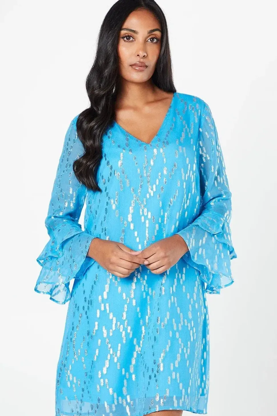 Petite Metallic Ruffle Sleeve Shift Dress