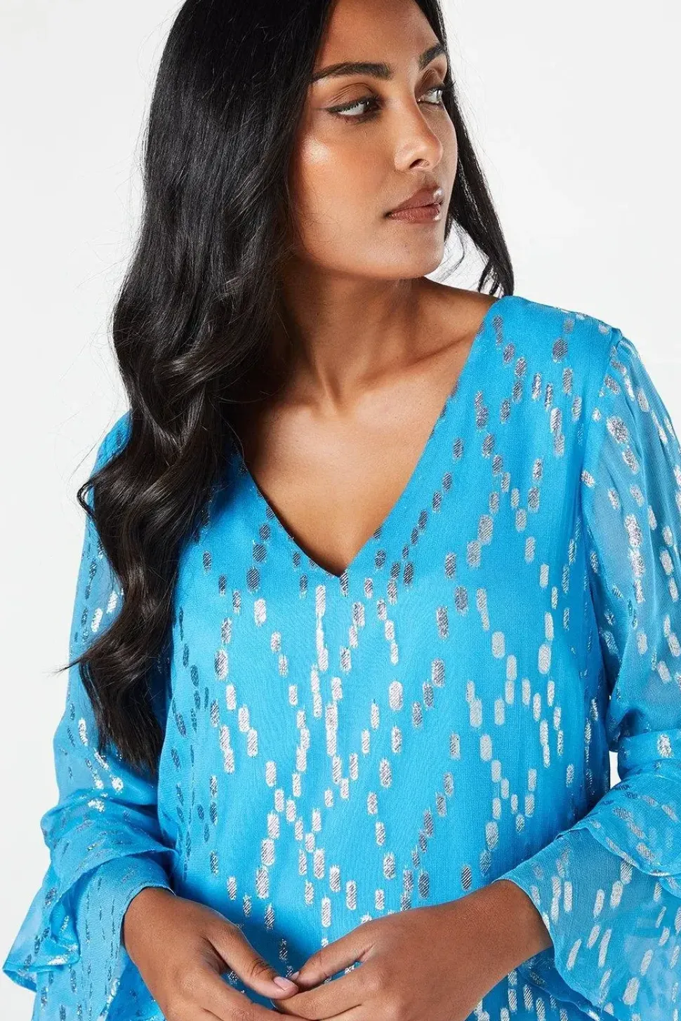 Petite Metallic Ruffle Sleeve Shift Dress
