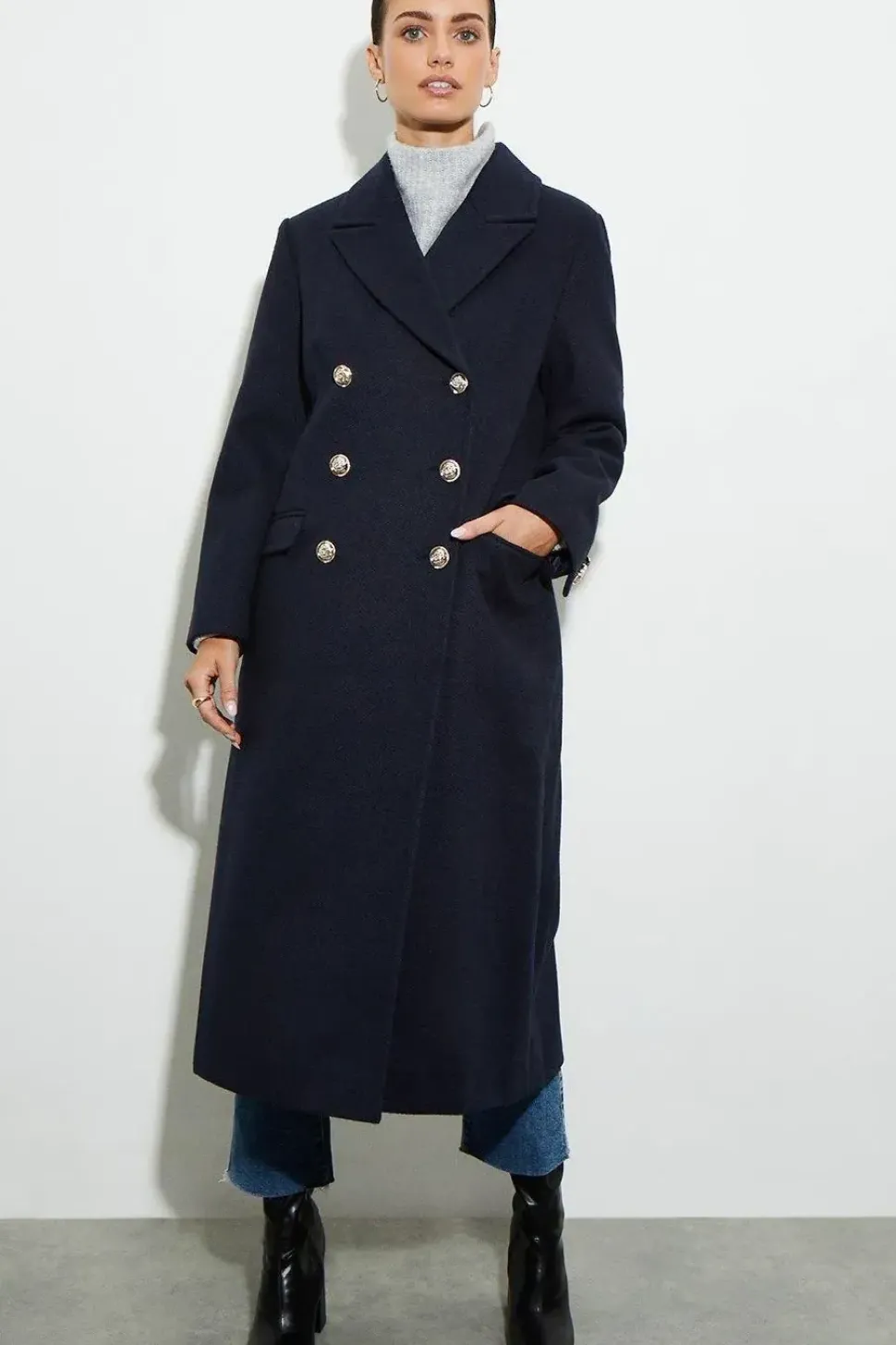Petite Military Double Breasted Maxi Coat
