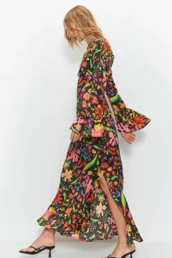Petite Mixed Floral Flute Sleeve Jacquard Midi Dress