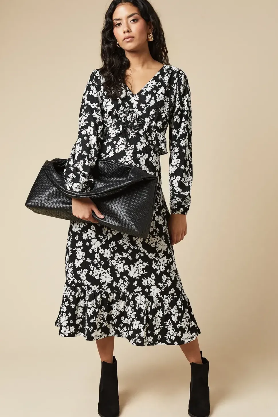 Petite Mono Ditsy Tie Front Ruffle Bust Long Sleeve Midi Dress