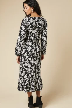 Petite Mono Ditsy Tie Front Ruffle Bust Long Sleeve Midi Dress