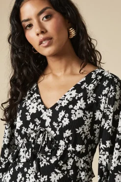 Petite Mono Ditsy Tie Front Ruffle Bust Long Sleeve Midi Dress