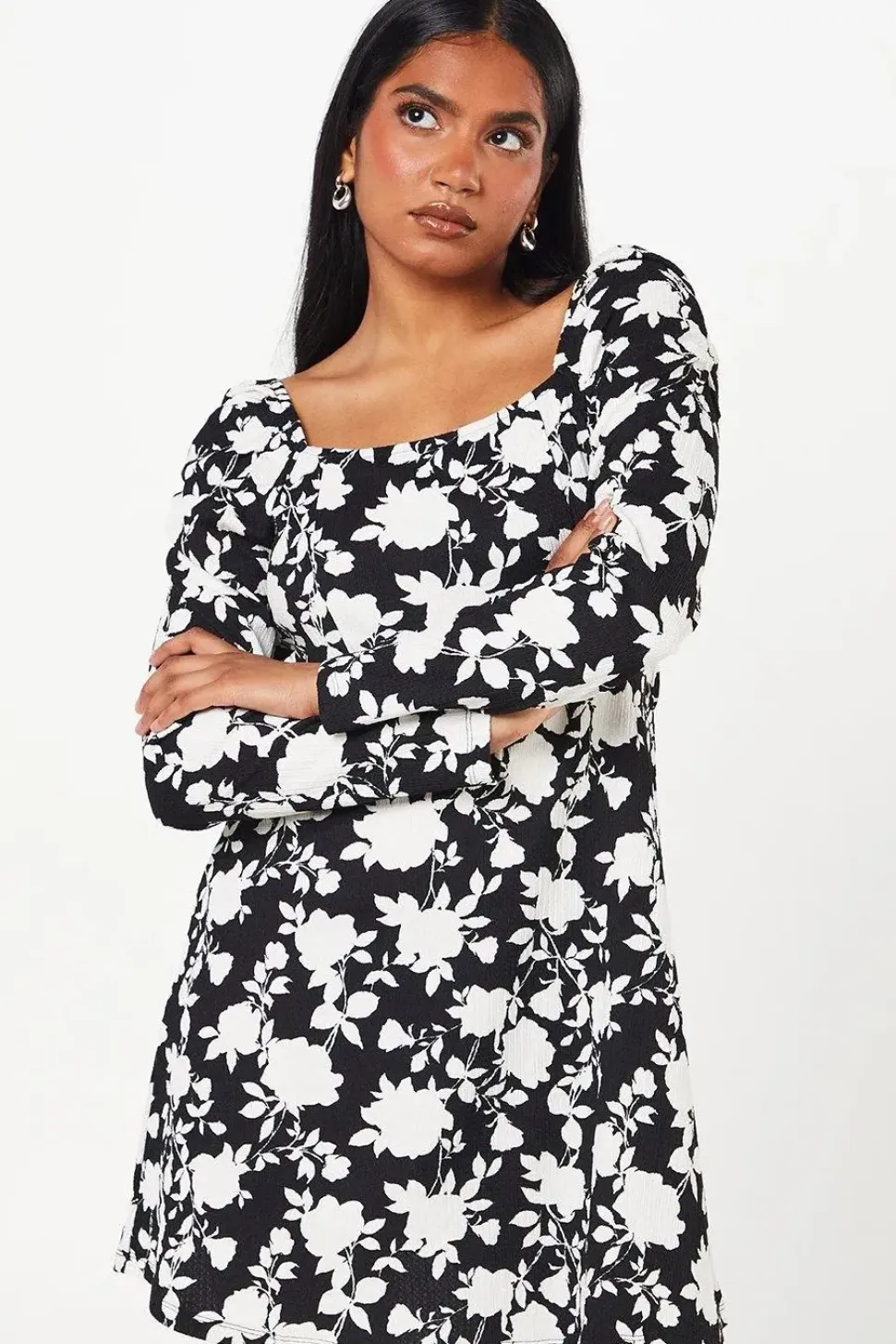 Petite Mono Floral Square Neck Mini Dress