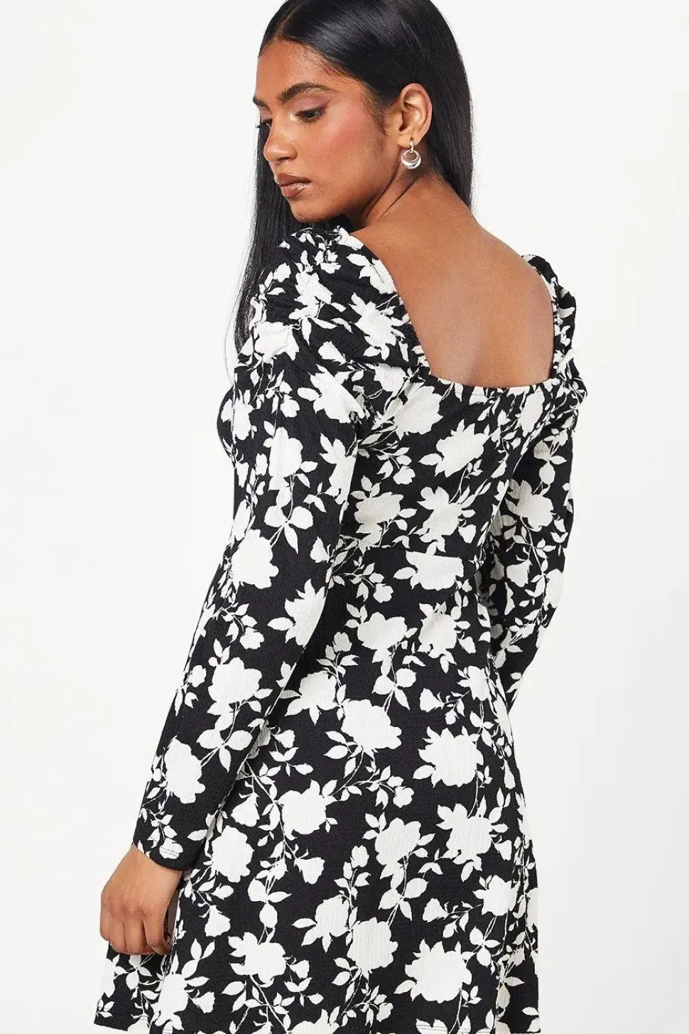 Petite Mono Floral Square Neck Mini Dress