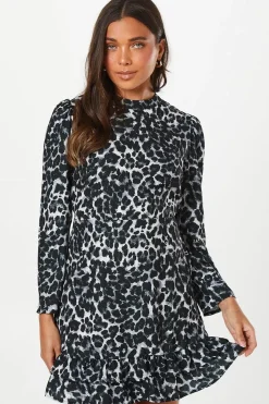 Petite Mono Leopard Frill Hem Mini Dress