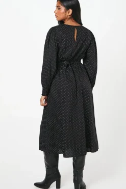 Petite Mono Spot Shirred Cuff Midi Dress