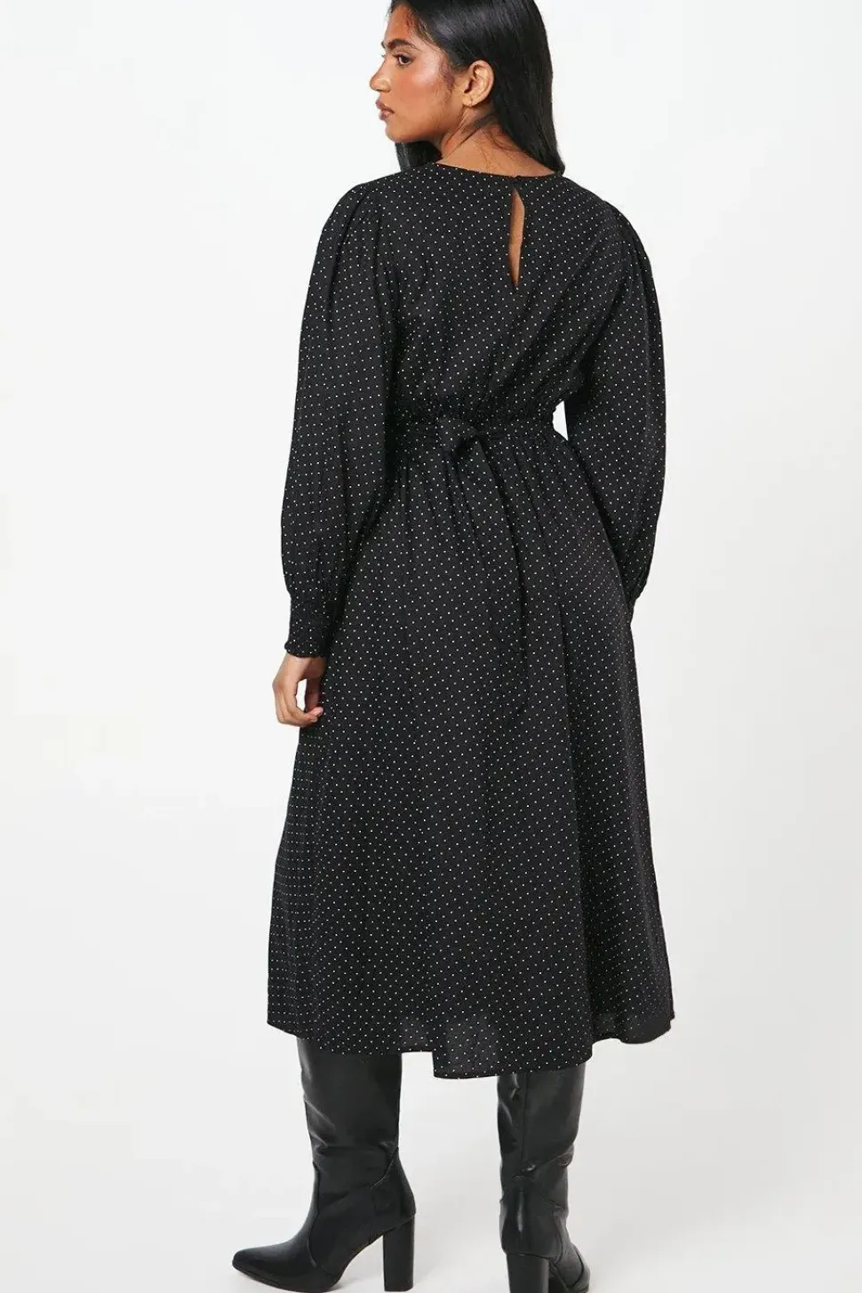 Petite Mono Spot Shirred Cuff Midi Dress