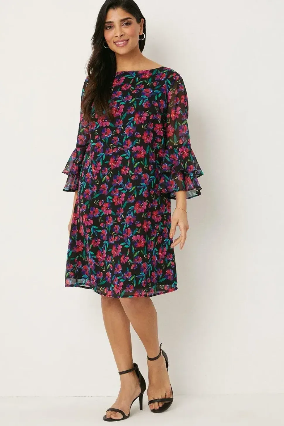 Petite Multi Ditsy Floral Ruffle Sleeve Shift Dress