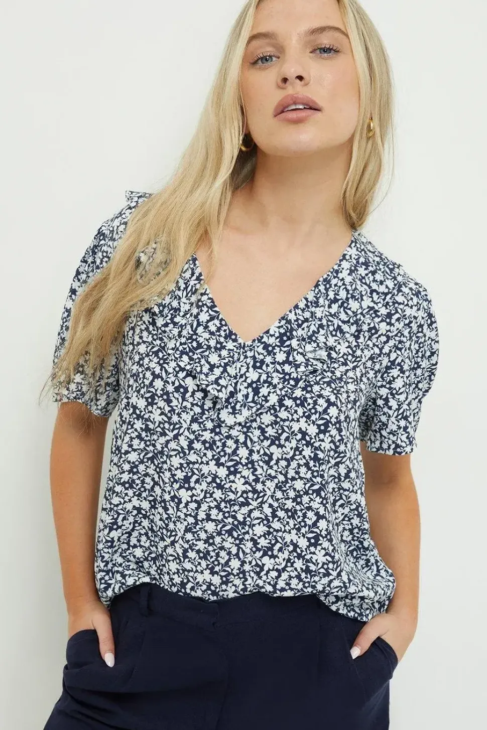 Petite Navy Ditsy Ruffle Short Sleeve Blouse