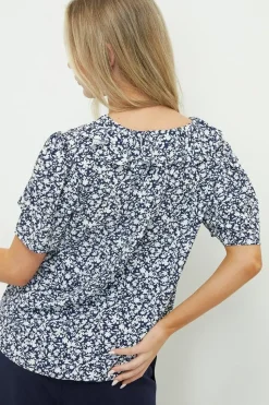 Petite Navy Ditsy Ruffle Short Sleeve Blouse