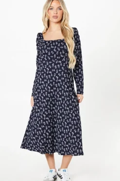 Petite Navy Ditsy Square Neck Midi Dress