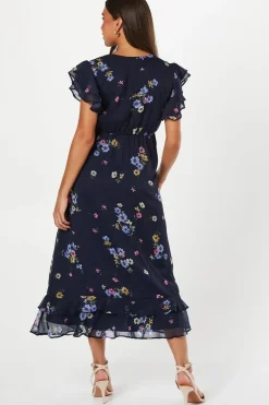 Petite Navy Floral Chiffon Ruffle Front Midi Dress