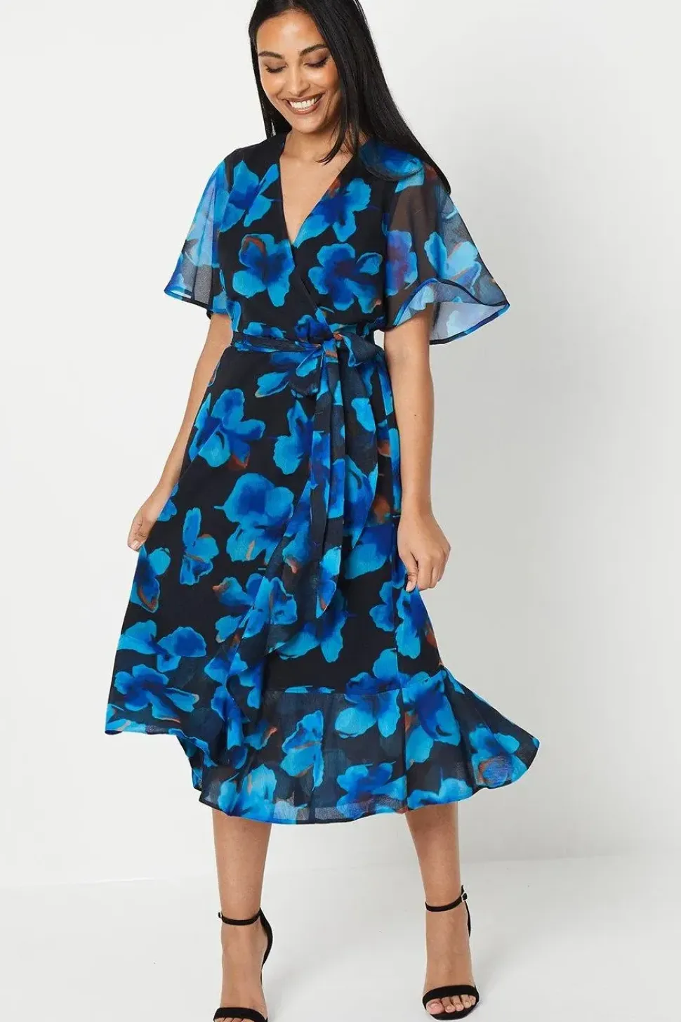 Petite Navy Floral Print Wrap Midi Dress