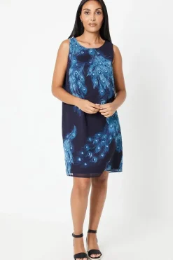 Petite Navy Peacock Sleeveless Shift Dress