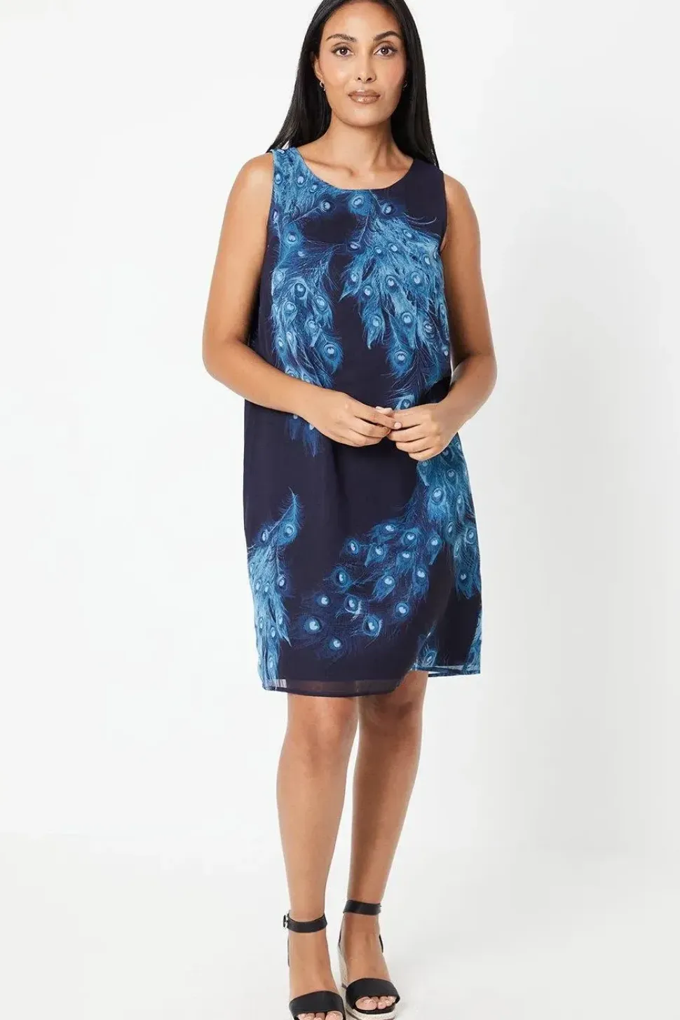 Petite Navy Peacock Sleeveless Shift Dress