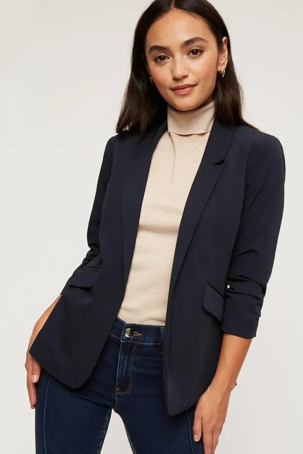 Petite Navy Ruched Sleeve Blazer