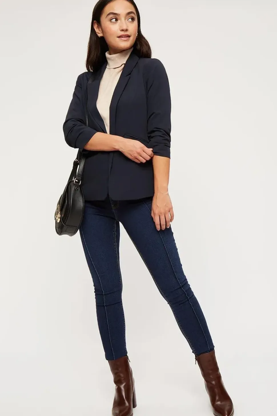 Petite Navy Ruched Sleeve Blazer