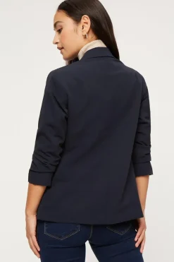 Petite Navy Ruched Sleeve Blazer