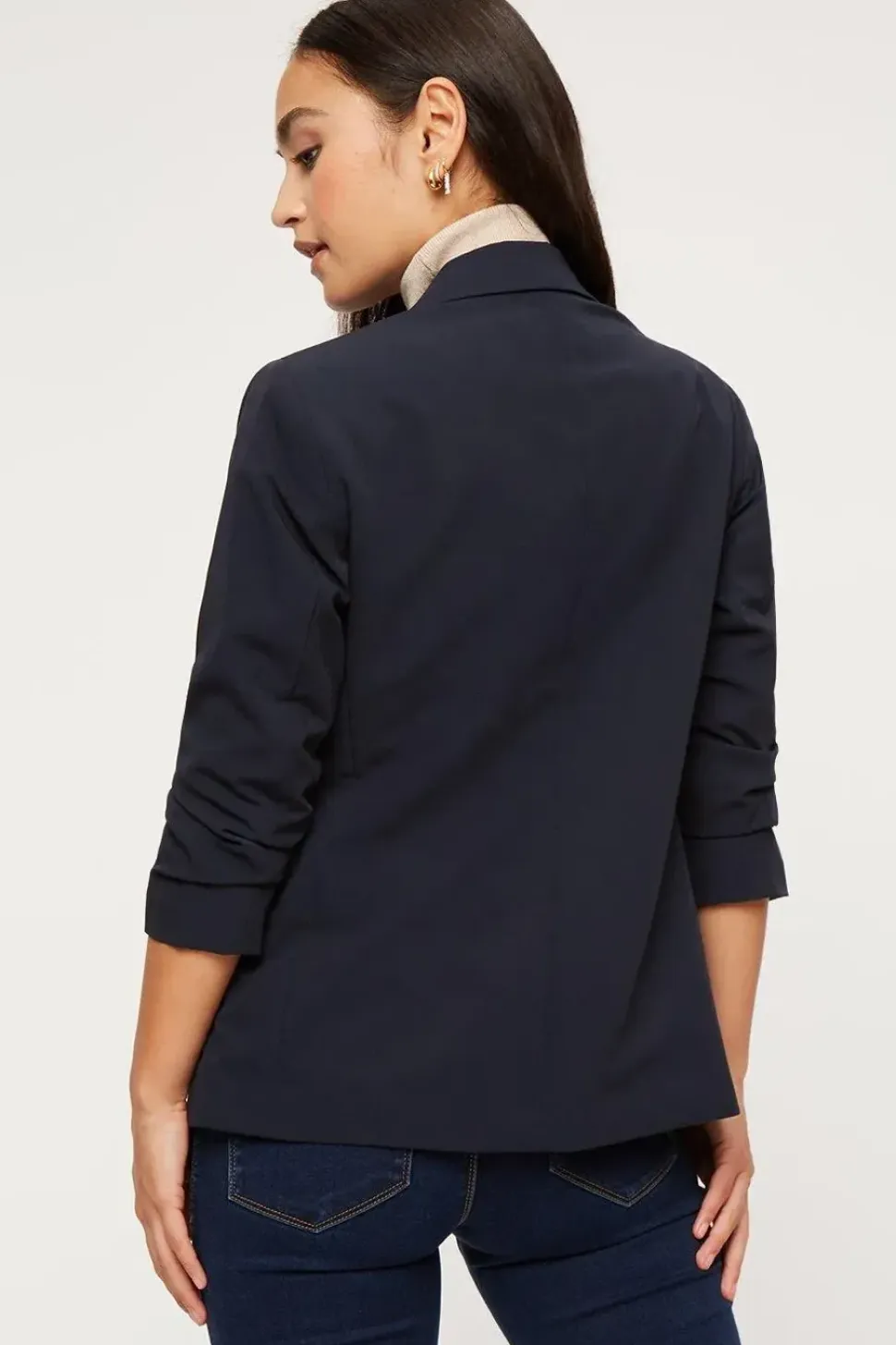 Petite Navy Ruched Sleeve Blazer