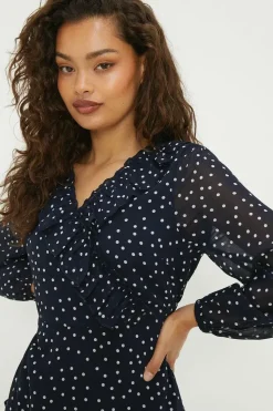 Petite Navy Spot Chiffon Ruffle Midaxi Dress