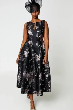 Petite Notch Neck Jacquard Midi Dress