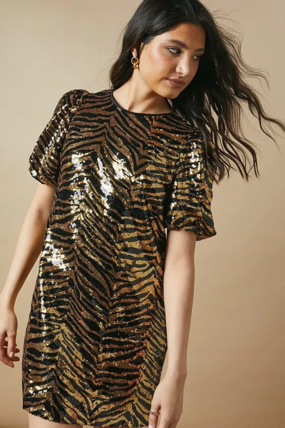Petite Occasion Animal Sequin Puff Sleeve Mini Dress
