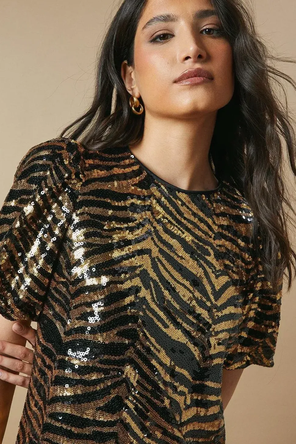 Petite Occasion Animal Sequin Puff Sleeve Mini Dress
