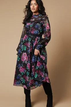 Petite Occasion Floral Glitter Lace Trim Midi Dress