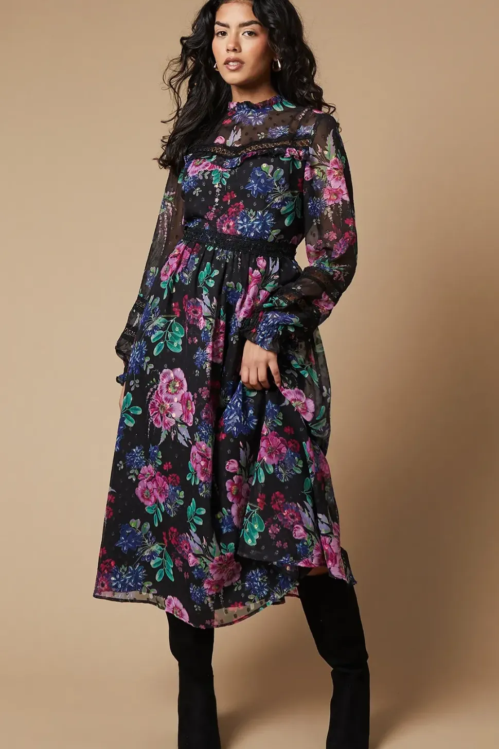 Petite Occasion Floral Glitter Lace Trim Midi Dress