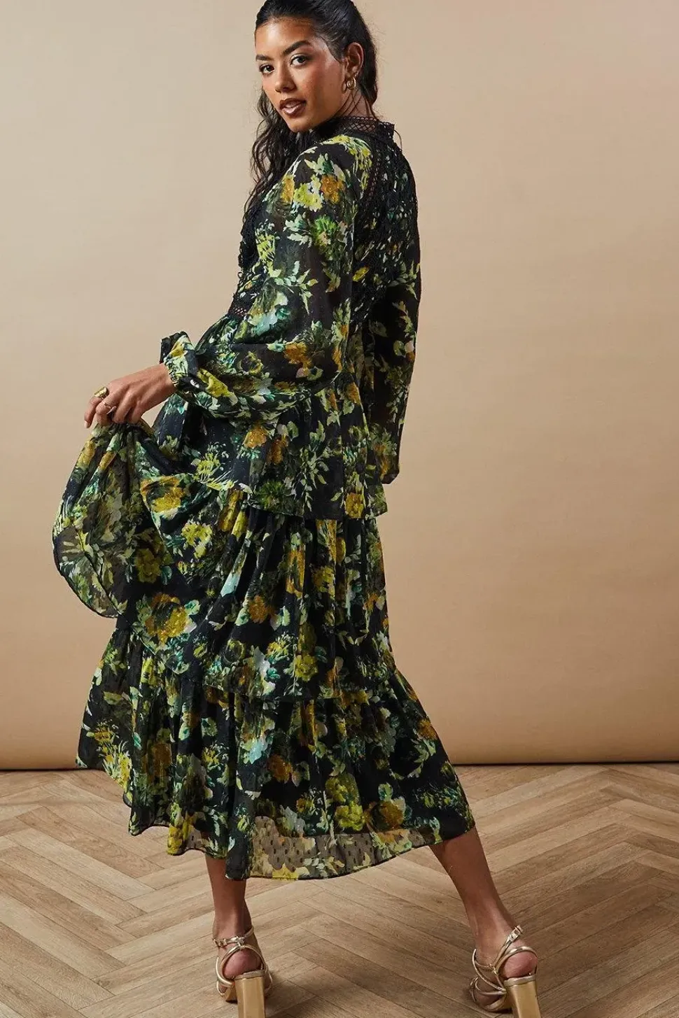 Petite Occasion Floral Lace Trim Dobby Chiffon Tiered Midaxi Dress