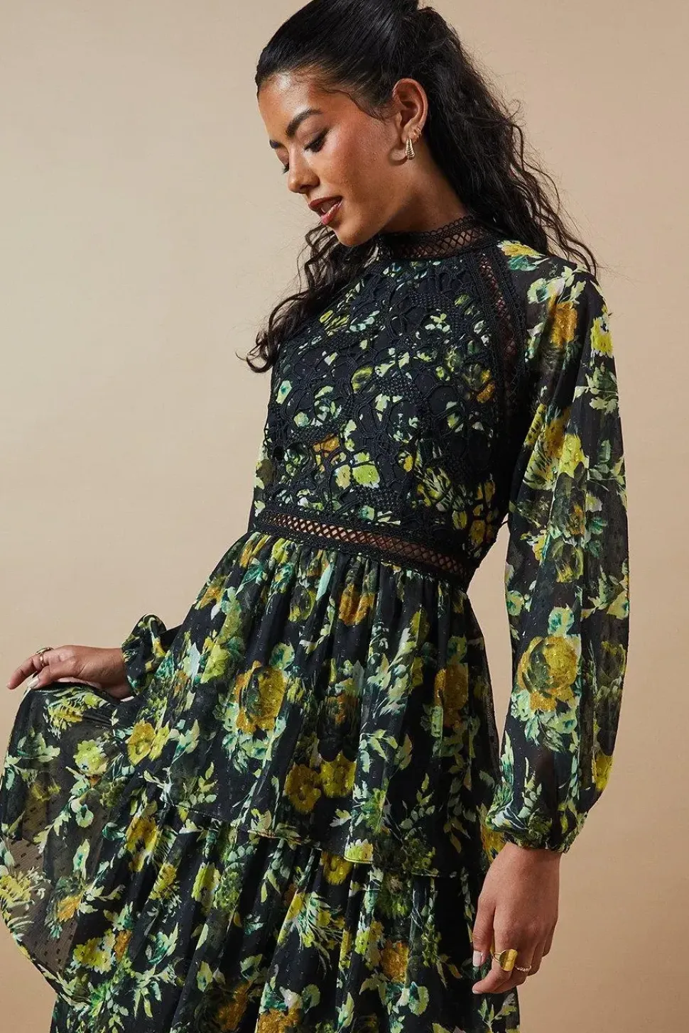 Petite Occasion Floral Lace Trim Dobby Chiffon Tiered Midaxi Dress