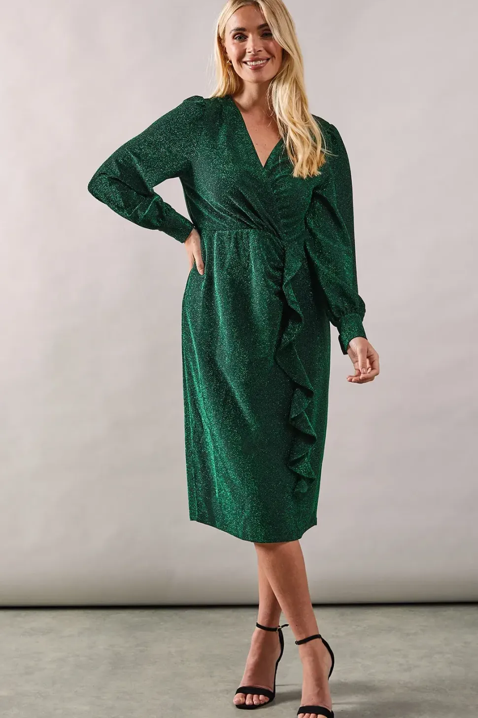 Petite Occasion Glitter Jersey Ruffle Midi Dress