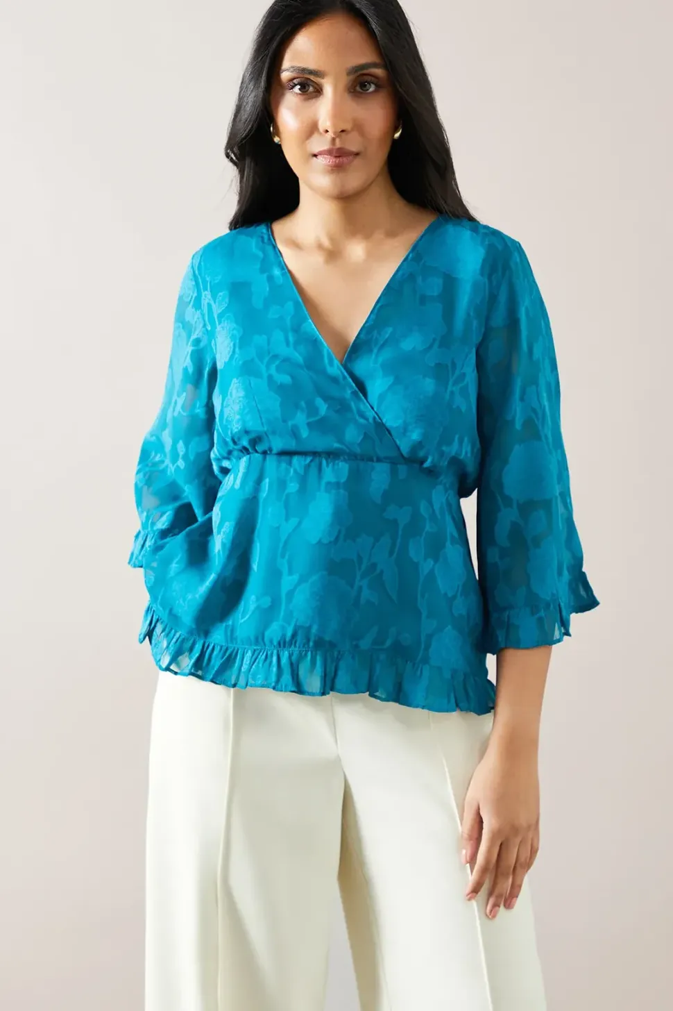 Petite Occasion Jacquard Ruffle Wrap Blouse