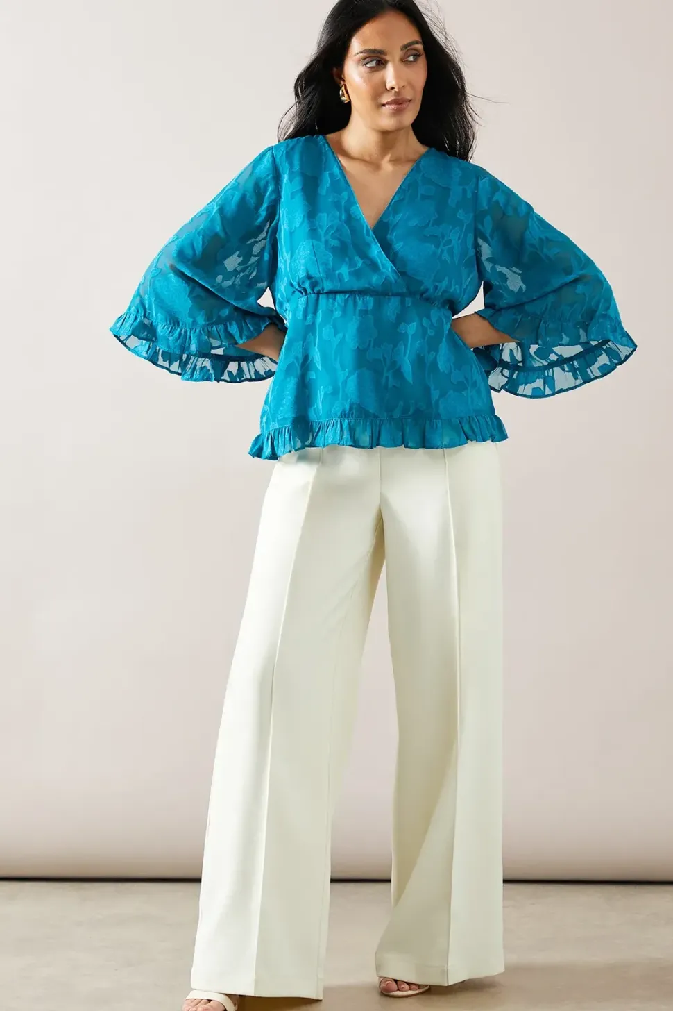 Petite Occasion Jacquard Ruffle Wrap Blouse