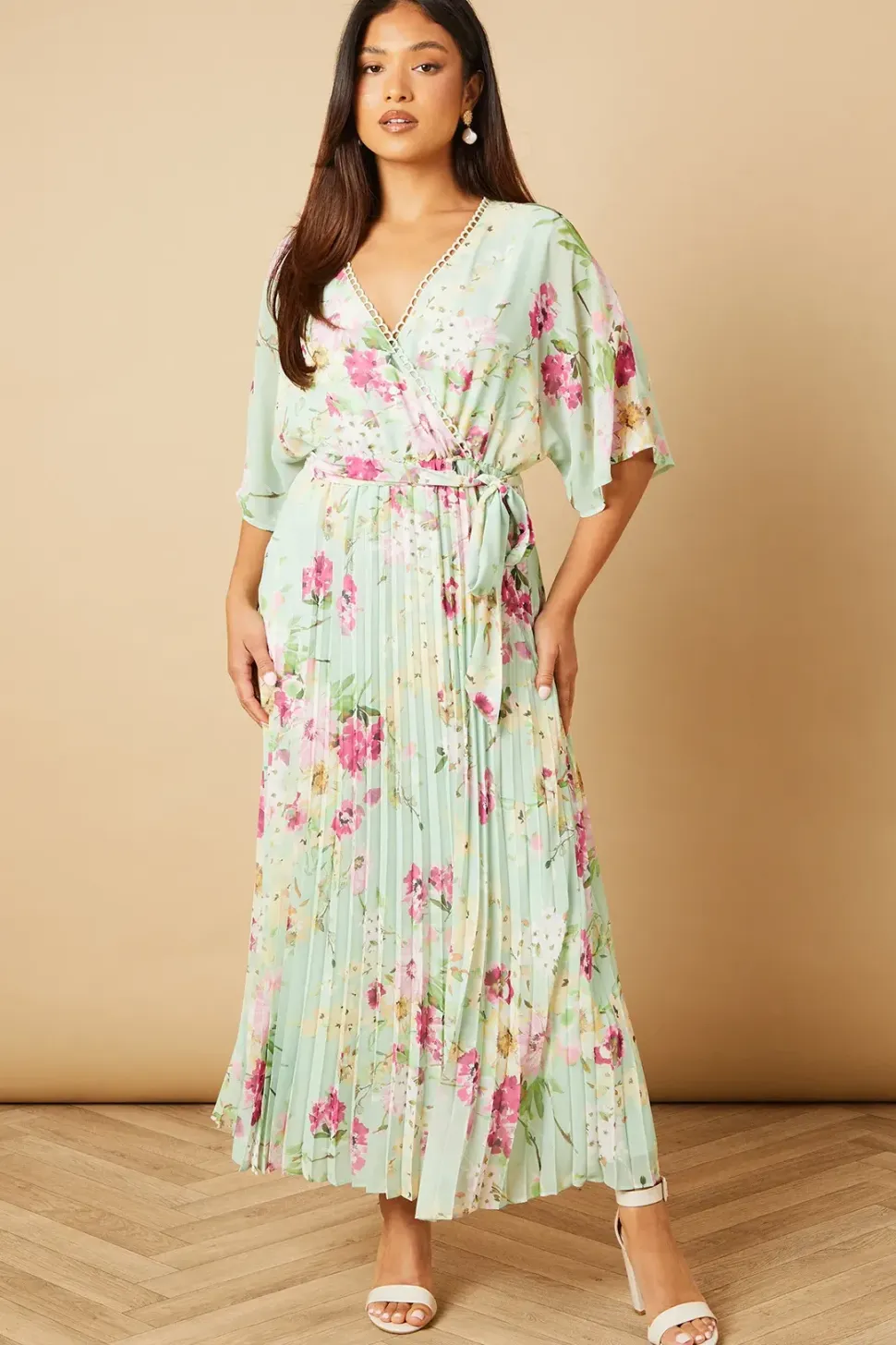 Petite Occasion Kimono Sleeve Pleated Midi Dress