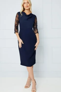Petite Occasion Lace Sleeve Cowl Pencil Dress