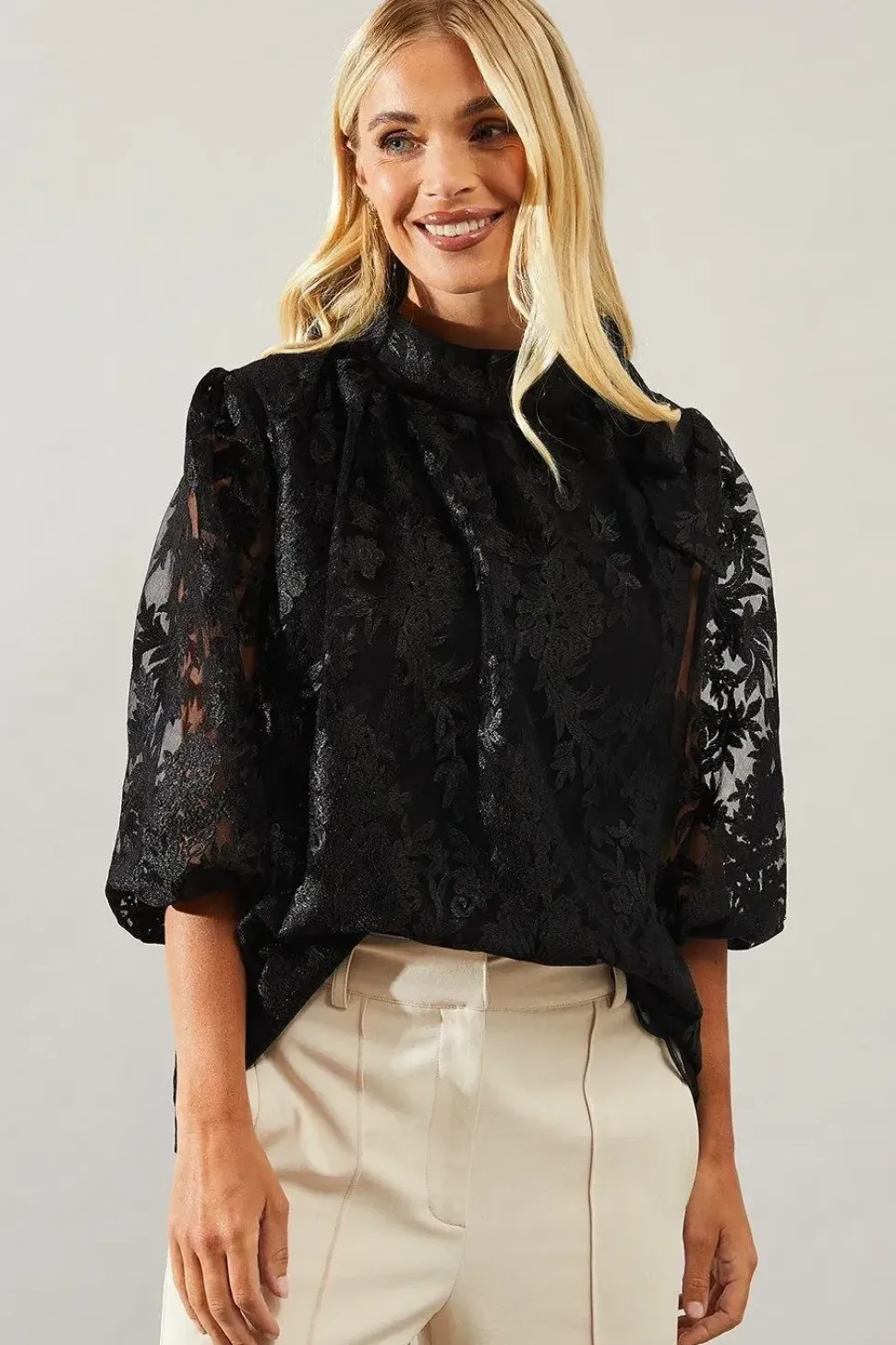 Petite Occasion Lace Tie Neck Blouse