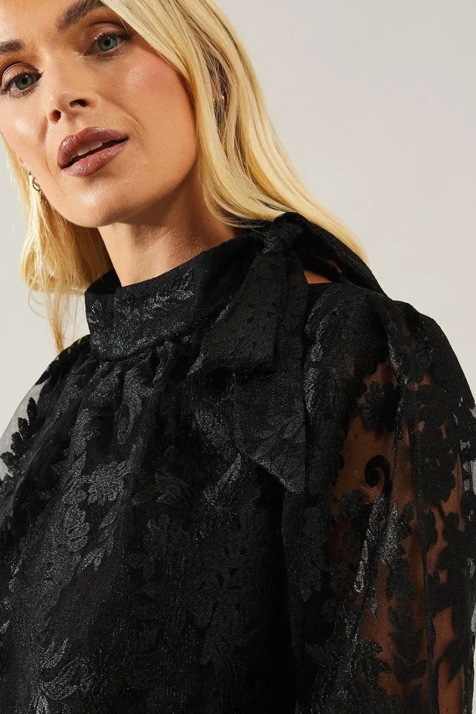 Petite Occasion Lace Tie Neck Blouse