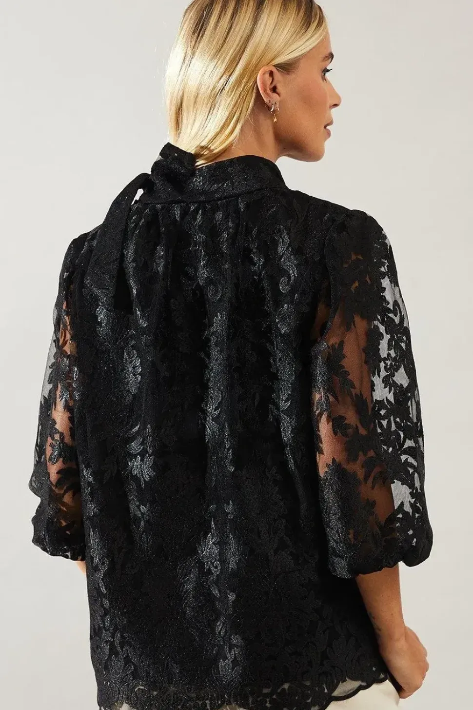 Petite Occasion Lace Tie Neck Blouse