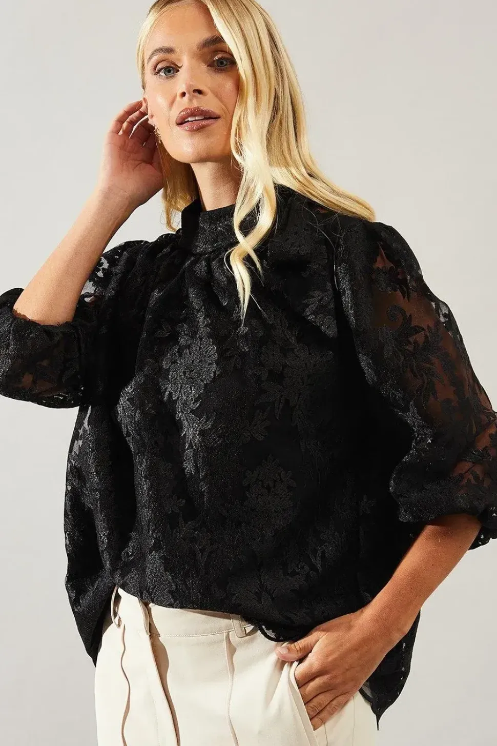 Petite Occasion Lace Tie Neck Blouse