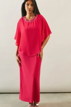 Petite Occasion Pearl Overlay Formal Maxi Dress