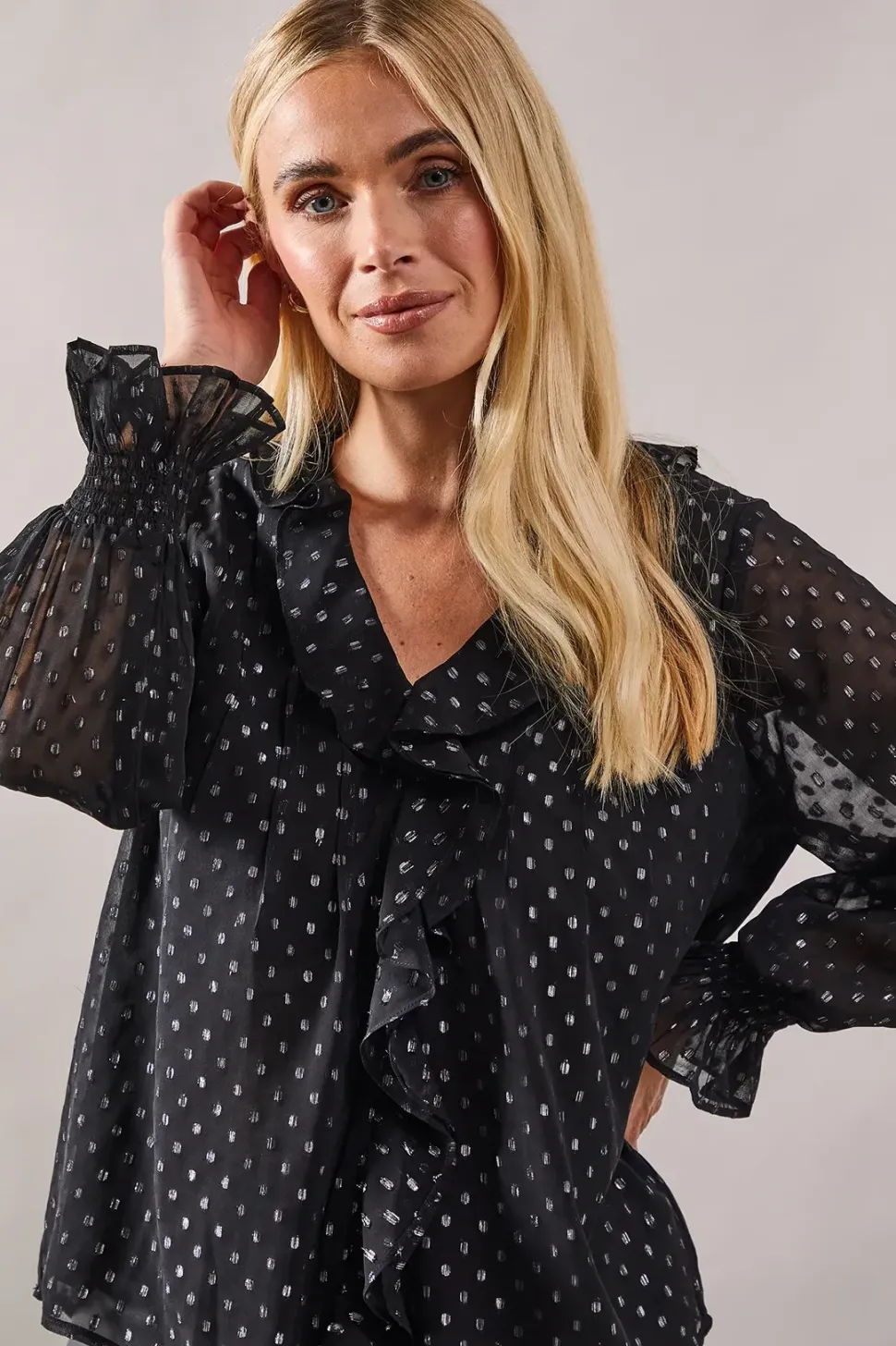 Petite Occasion Ruffle Front Metallic Blouse