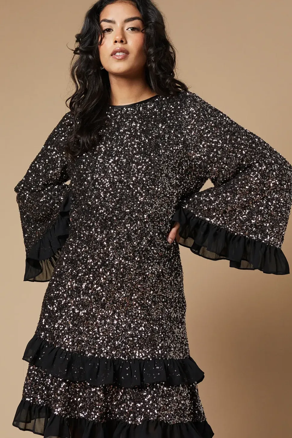Petite Occasion Sequin Ruffle Swing Dress