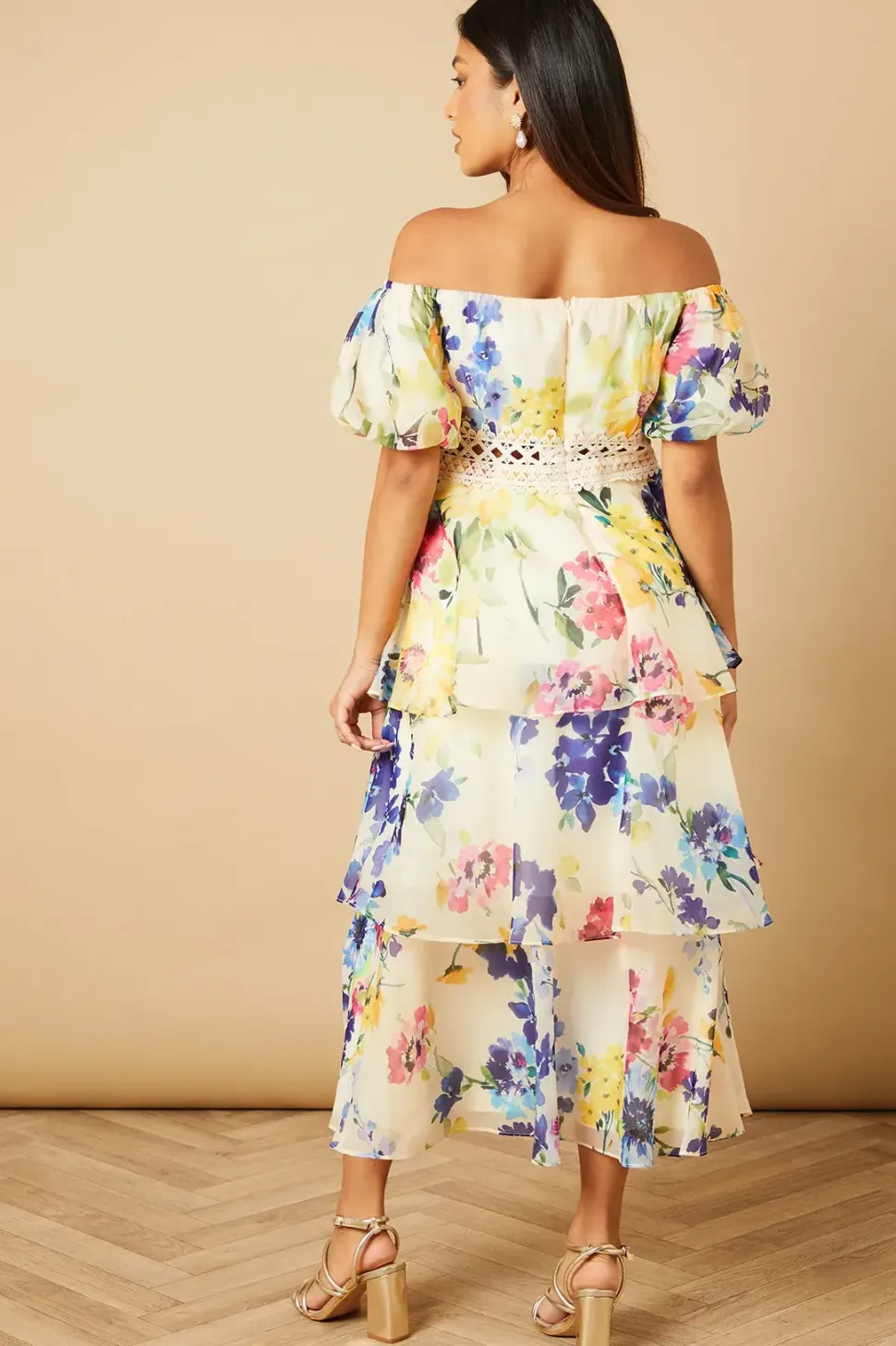 Petite Organza Floral Bardot Midaxi Dress